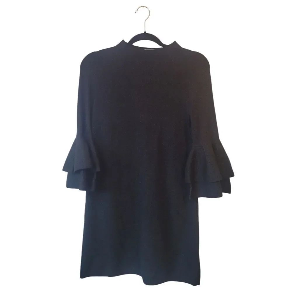 Anthropologie Black Metallic Ruffle Sleeve Knit Dress Women's Size XS